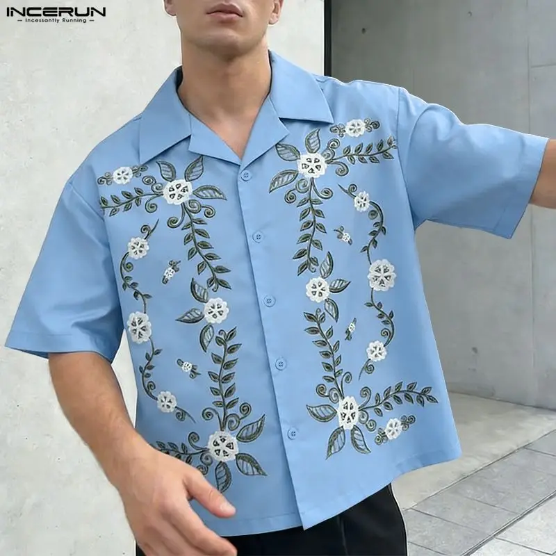 INCERUN Summer Men's Shirt Flower Printing Lapel Short Sleeve Men Clothes 2026 Streetwear Vacation Casual Tops For Man Camisas