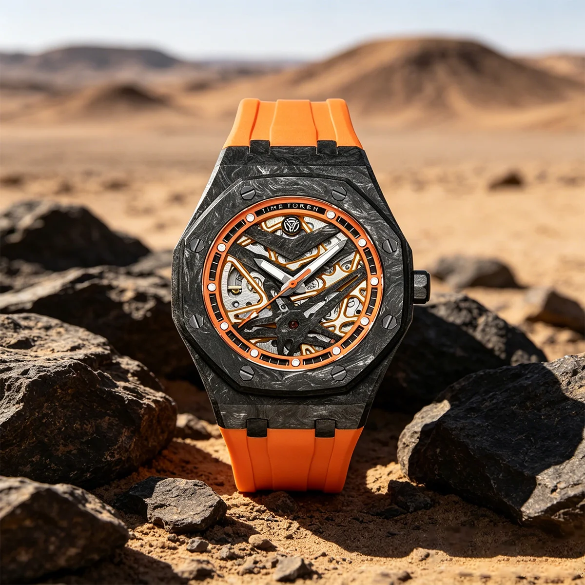 TIME TOKEN Carbon Fiber Automatic Mechanical Watch Men Skeleton Luminous Dial Sapphire 100M Waterproof Sport Men Wristwatch T577