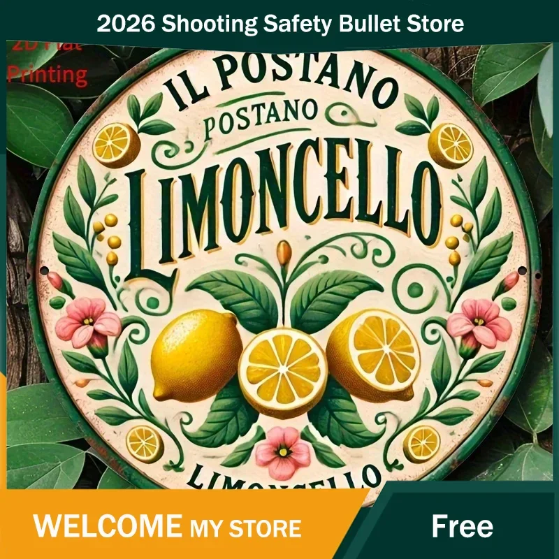 Vintage Italian Limoncello Sign - 2D Flat Printing, Round Wall Decor with Lemons & Flowers, Perfect for Home, Bar, Cafe