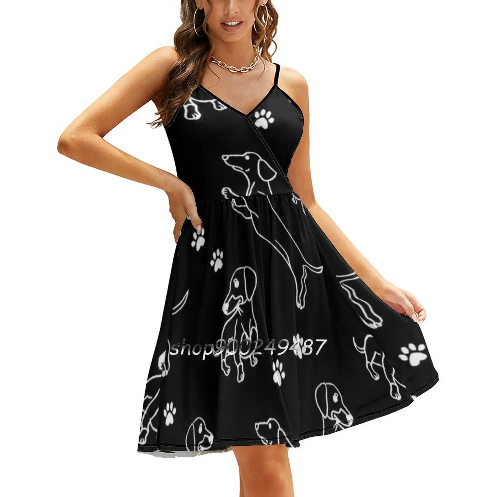 Daschund-vestido negro con escote cuadrado para mujer, vestido elegante de verano con estampado Halter, para perros, Doxie, Dachshund, mascotas