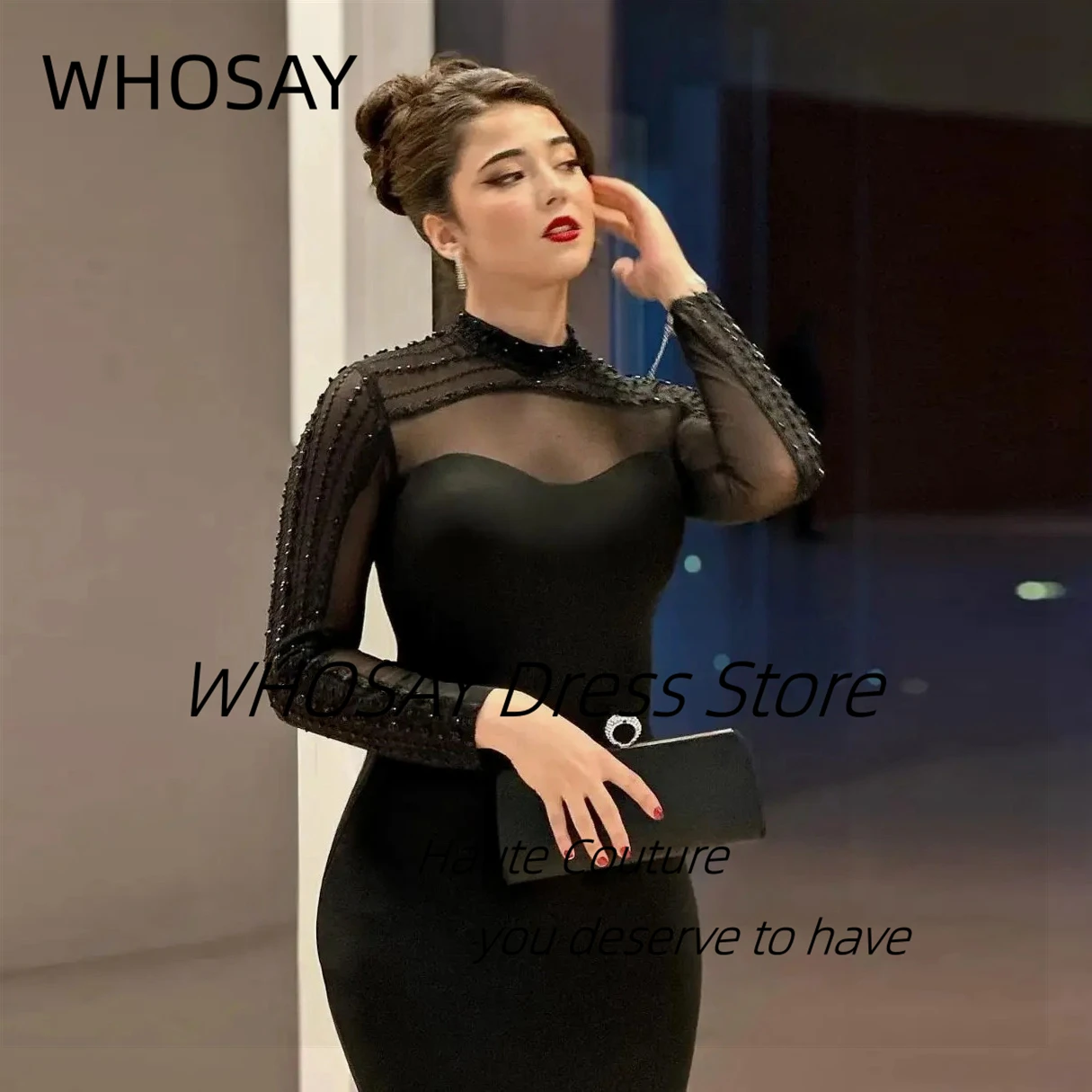 WHOSAY High Collar Black Evening Dresses Side Slit Mermaid Dress for Prom Party Beading Long Sleeves Special Occasion Gowns