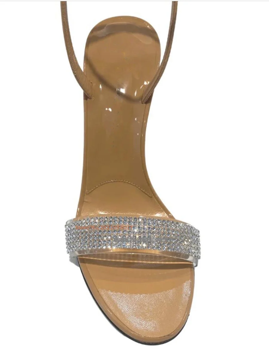 Nude Sparkle High Heel Sandals Women Summer Transparent Pvc Open Toe Jeweled Strap Buckle Fastening Dress Shoes