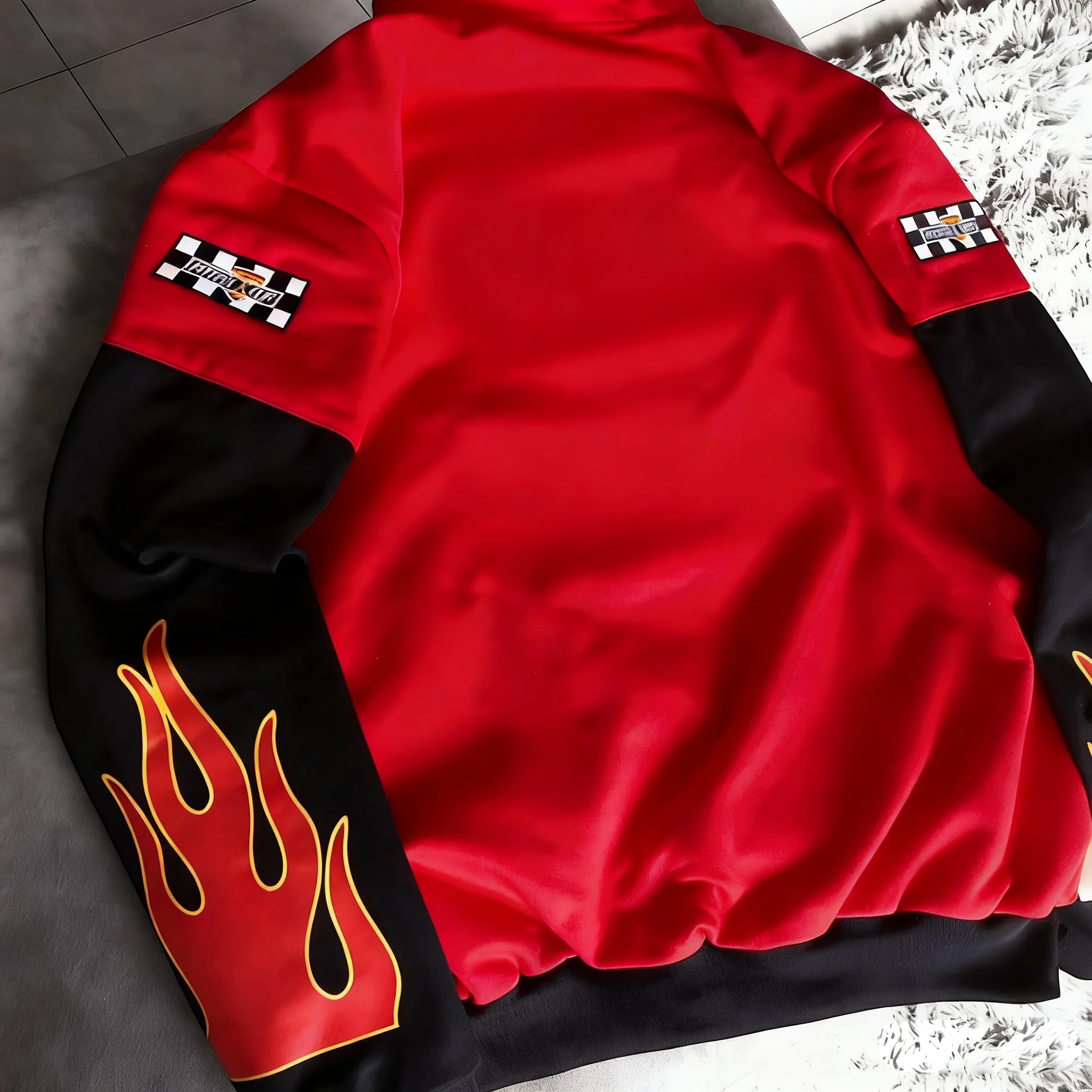 Men's and Women's Red and Black Racing Style Flame Pattern Baseball Jacket Size 95 Single Breasted American Outdoor Wear - view 4