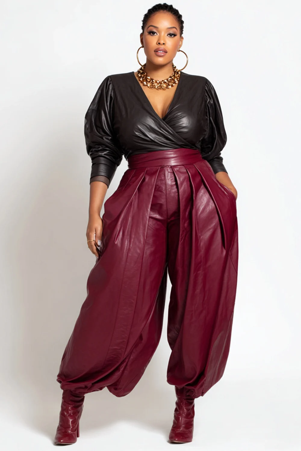 

Plus Size Business Casual Burgundy Pocket Casual Ruffled Jogging PU Leather Pants