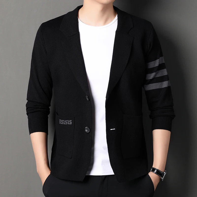

Men's Cardigan Sweater 2025 Autumn New Item Business Striped Line Clothing Casual Suit Collar Knitted Jacket Men