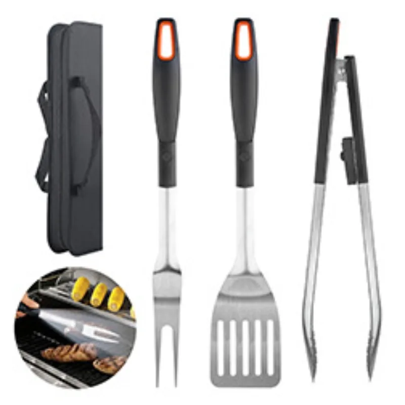 Cross-border BBQ Tools Fork Spatula Clamp 3 Piece Clamp with LED Light Portable Cloth Bag Outdoor BBQ Set