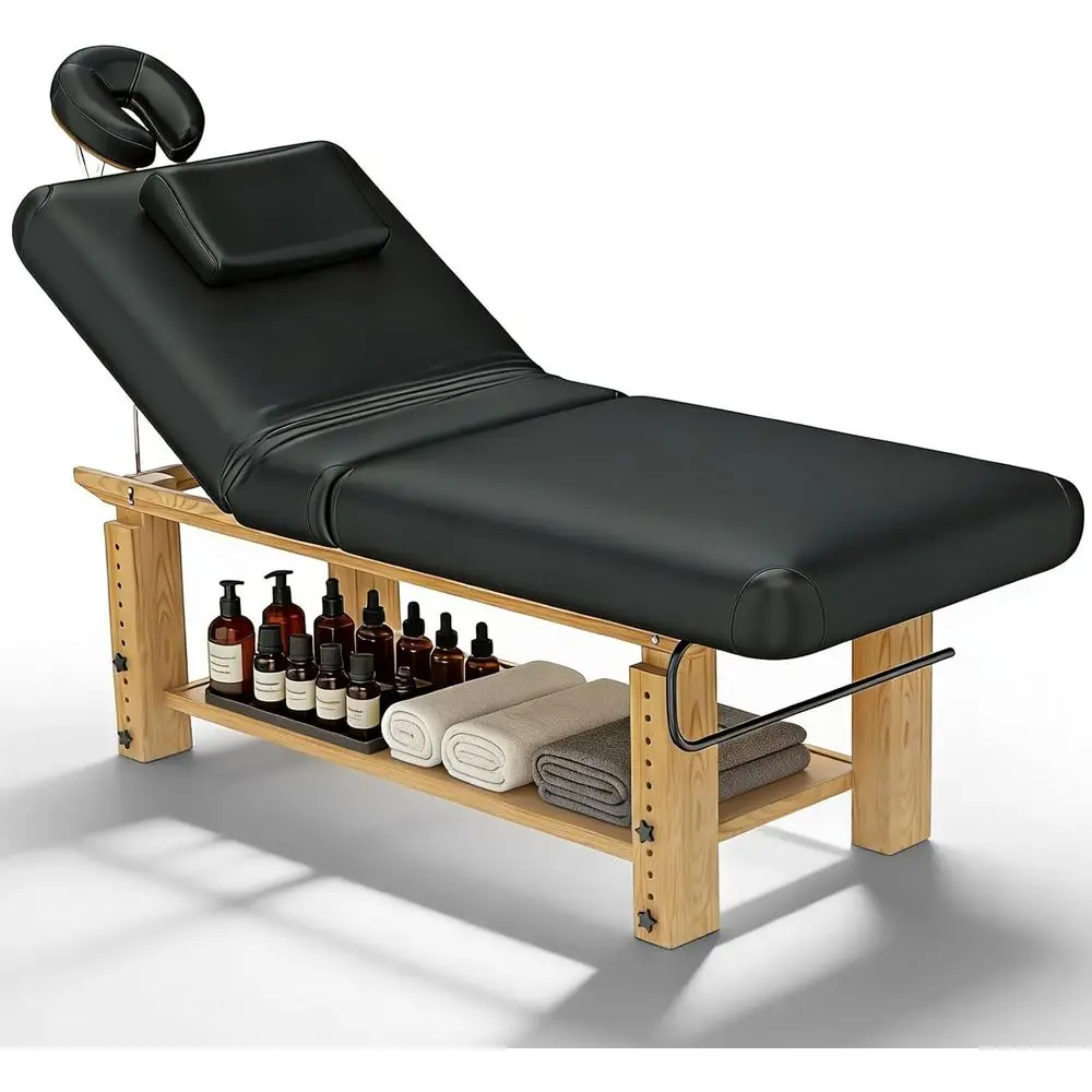 

Sturdy Wooden Massage Table with Adjustable Height, Backrest, PU Leather, Face Pillow, Storage Shelf, 1500 lbs Capacity