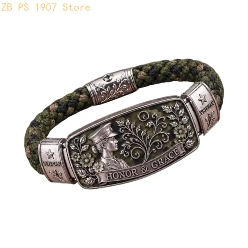 Commemorative Braided Cord Bracelet, Alloy Components and Service-Inspired Decorative Theme Bangle for Personal Remembrance 55KA