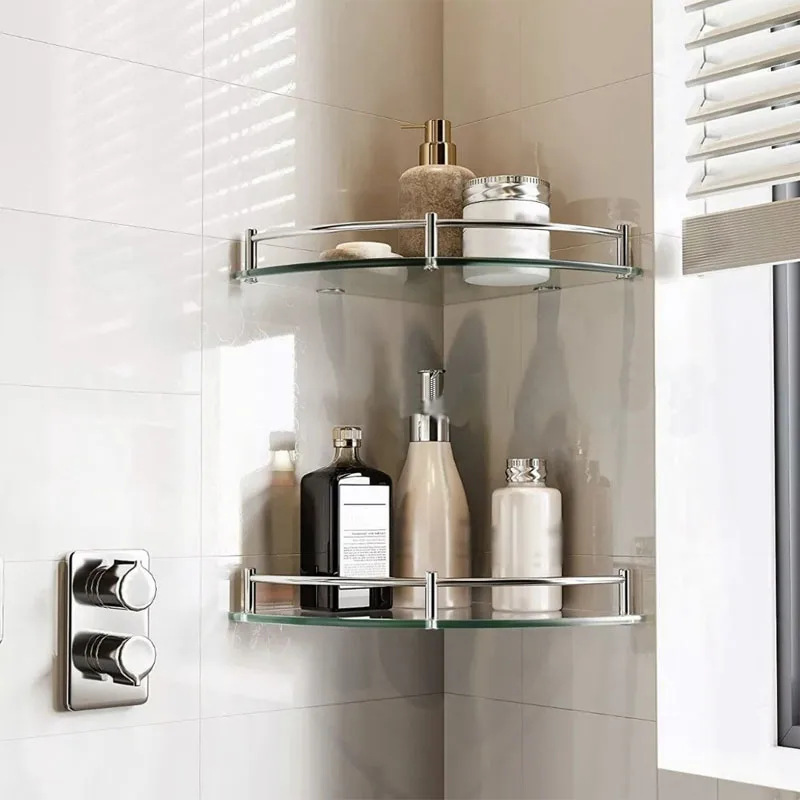 Glass Shelf Bore Bathroom Organizer Triangle Corner Shower Bathroom Organizers Accessories Hardwares Wall Hardware Fixture Home