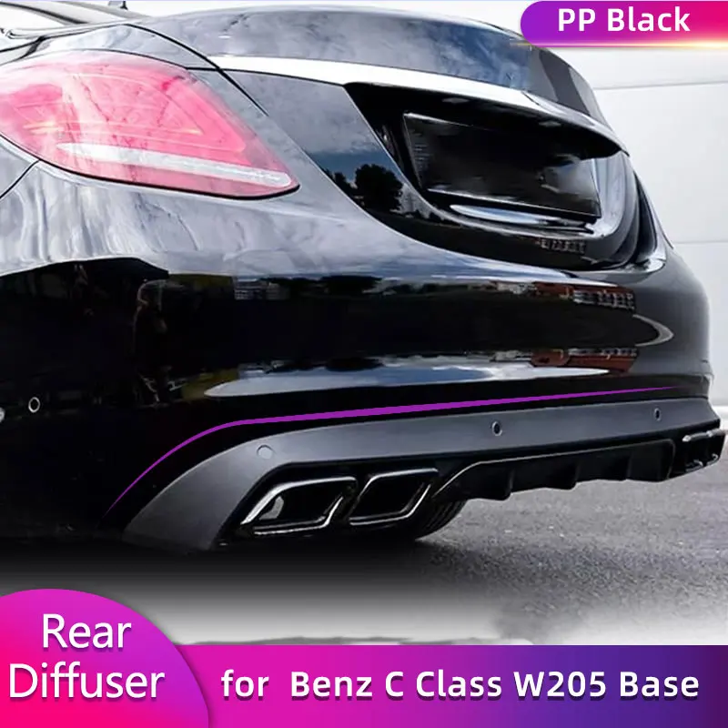 PP Black Rear Bumper Diffuser Spoiler for Mercedes Benz C Class W205 Base Sedan 2015-2017 Non for Sport AMG Car Rear Lip Tips