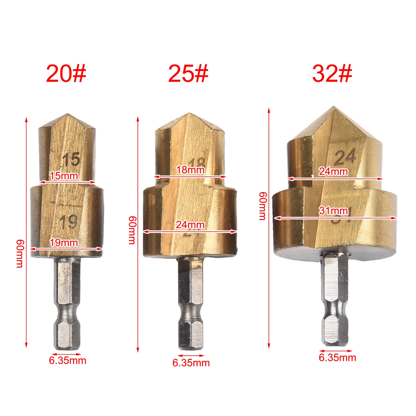 3PCS PPR Lifting Drill Bit Water Pipe Woodworking Reamer Chamferer Hexagon Shank Step Drill Bit 20/25/32MM