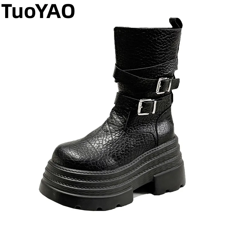 

9CM Autumn Winter Women's Gladiator Boots Chunky Heels Leather Punk Shoes Buckle Motorcycle Boots Goth Chelsea Mujer Zapatos