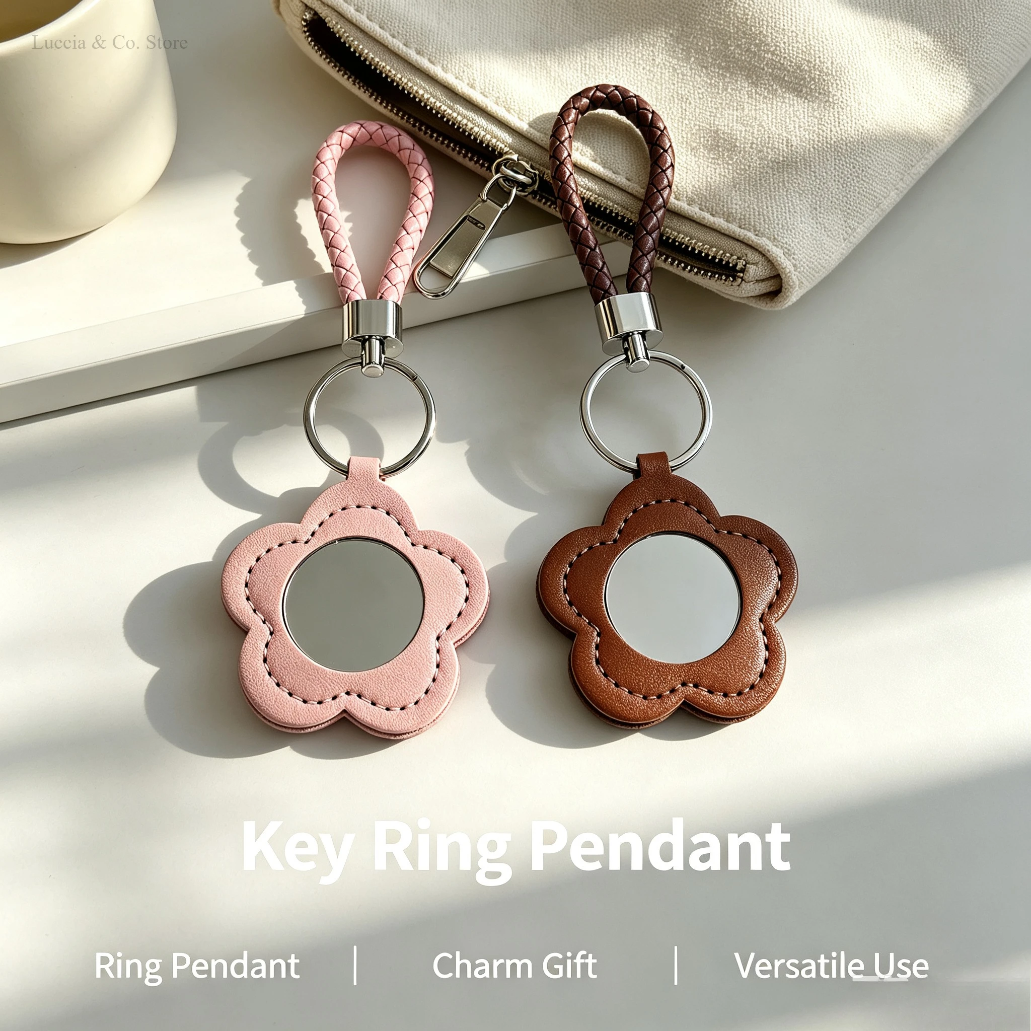 Floral Mini Makeup Mirror with Custom Logo Key Ring Pendant Keychain Charm Gift Portable Braided Ladies Bag Hanging Accessories