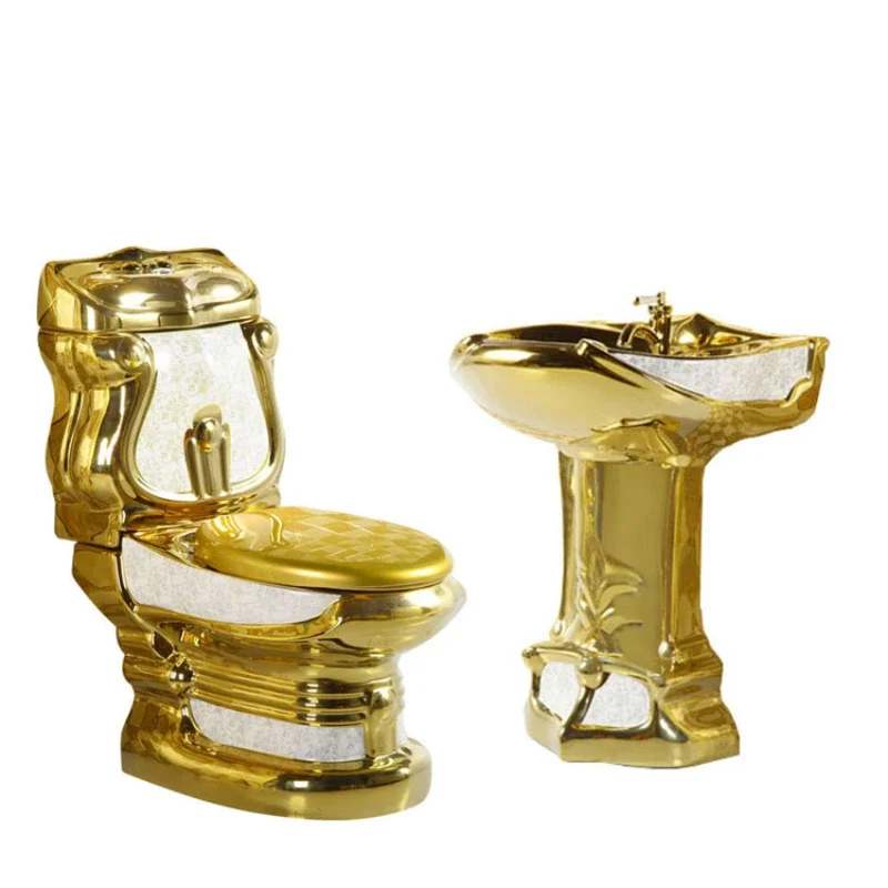 vintage ceramic washdown two piece toilet bowl color bathroom sink gold toilet seat golden toilet set