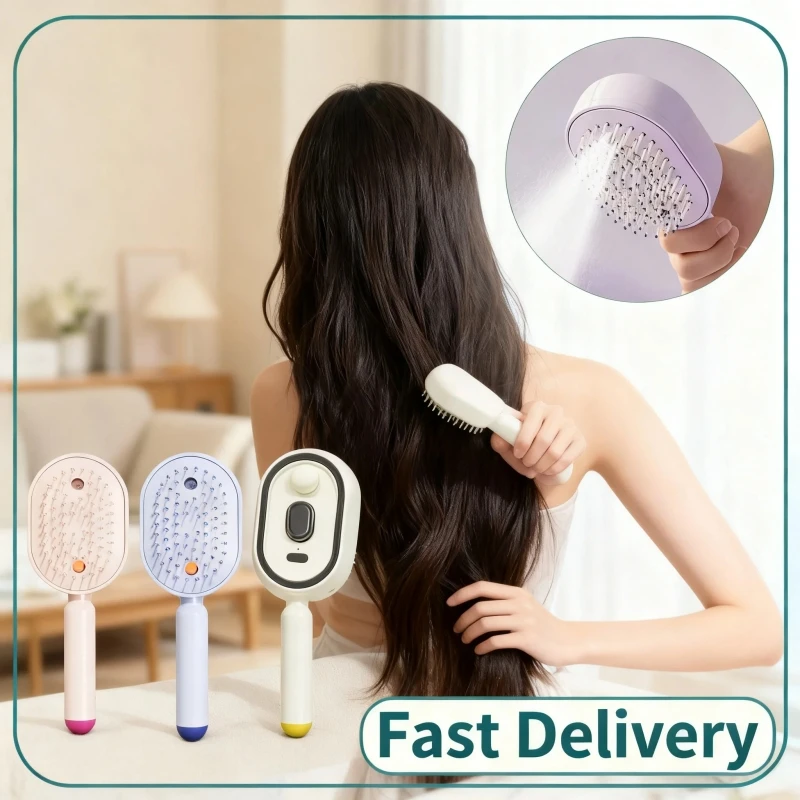 Spray Hair Brush with Scalp Massager, Portable Mist Comb for Voluminous Hair, One-Press Cleaning Paddle Brush for Women, Travel-Friendly Detangling Brush