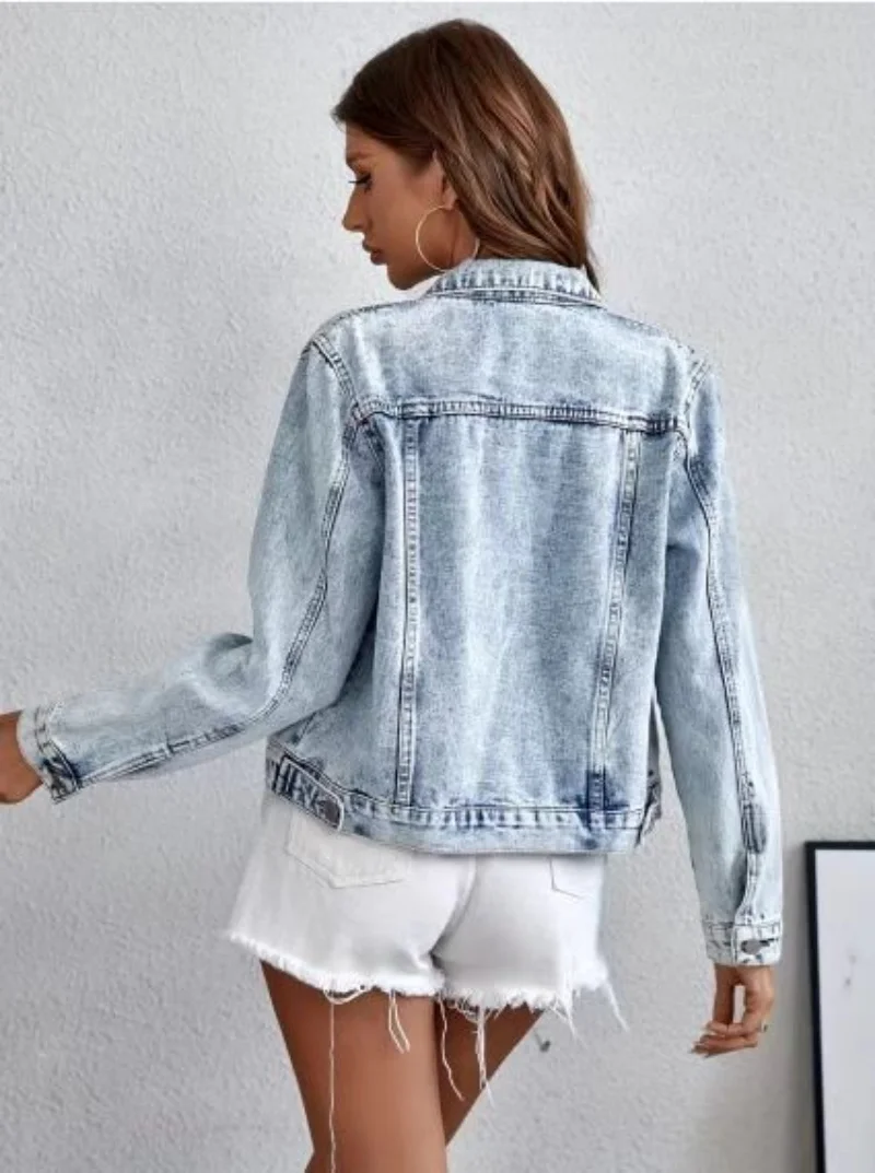 Women's Trendy Versatile Denim Jacket Spring Autumn Tailored Slim Fit Long Sleeve Water Washed Top - Detail 1