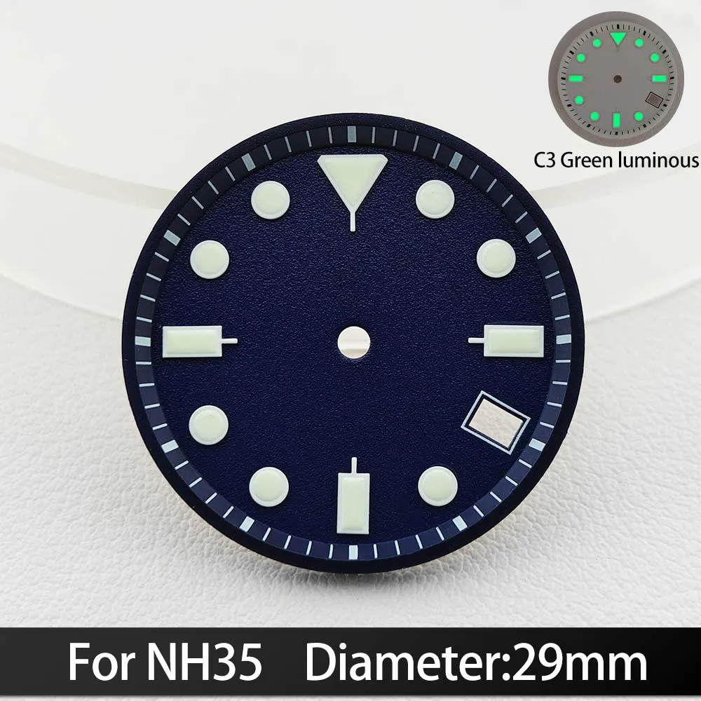For NH35/NH36 Dials 29mm C3 Green luminous Calendar Window Concave Dial NH35 Automatic Movement Watch Replacement Parts