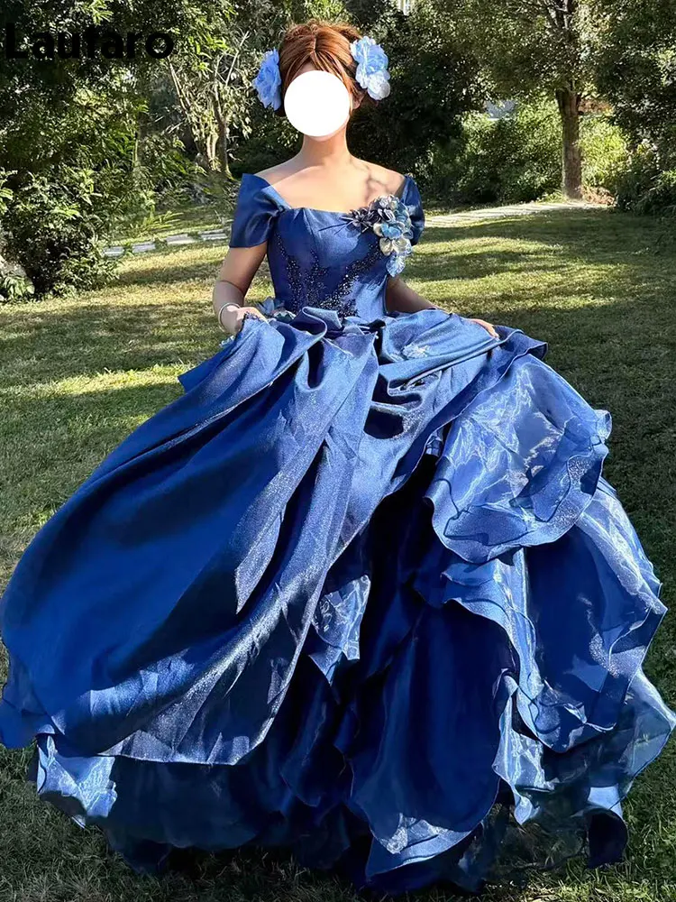

Lautaro Spring Luxury Elegant Evening Party Wedding Prom Blue Poofy Fairy Dresses for Women 2026 Off Shoulder Ball Grown Dress