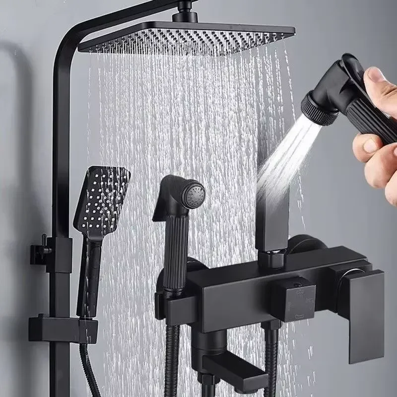 for Four Function Bathroom Hot Cold Shower Faucet Rain Shower High Pressure Matte Black Shower Set Wall Mounted Rainfall