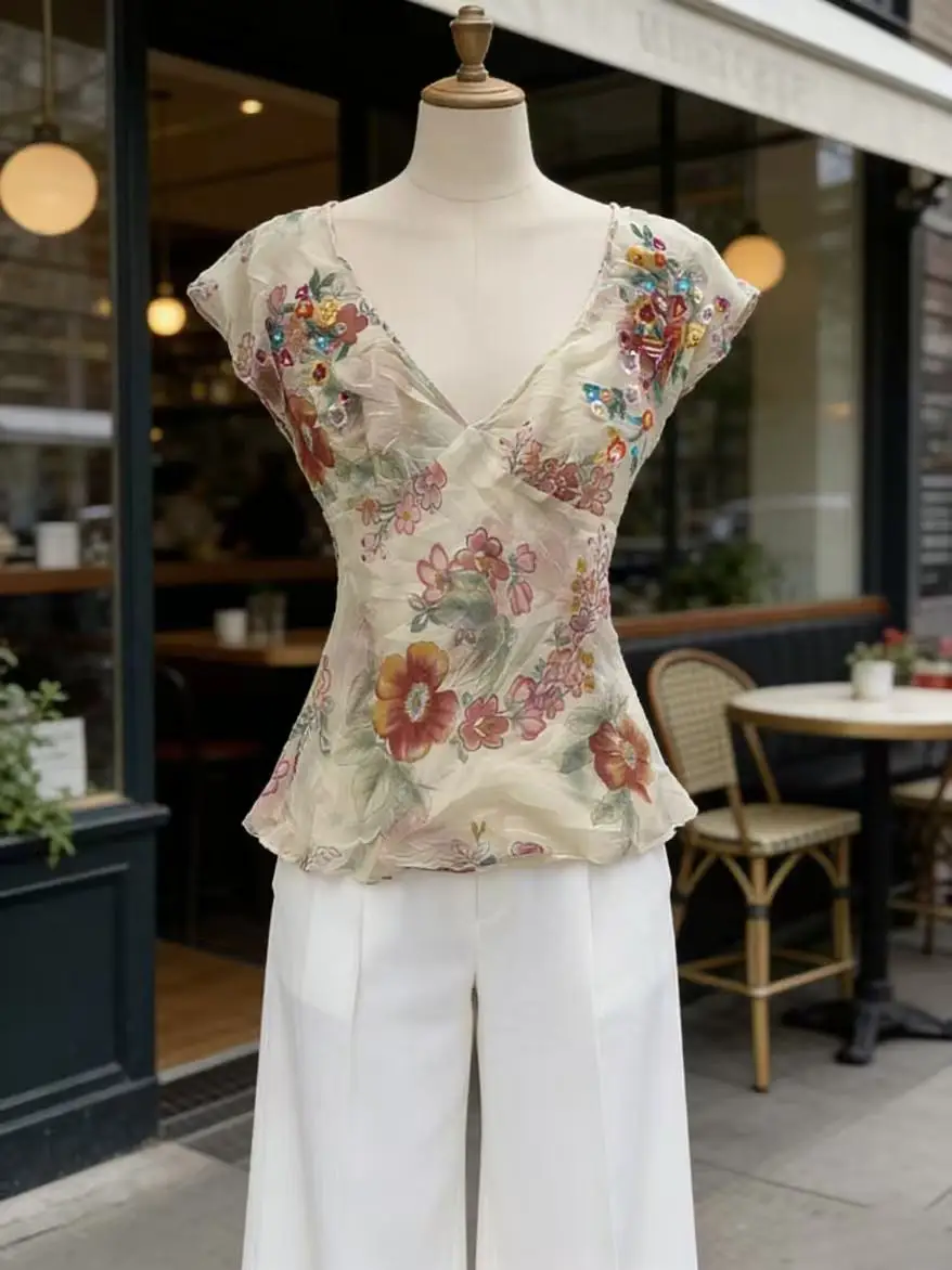 Boho Cottagecore Floral Chiffon Top V Neck Flutter Sleeve Peplum Ruffle Hem Slim Fit Vintage Y2K Lightweight Blouse for Girls