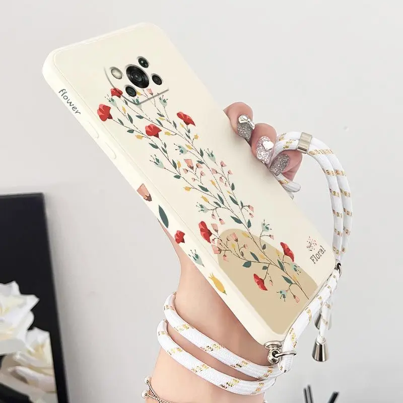 

Twigs Flower Willow Crossbody Lanyard Silicone Phone Case For Xiaomi Poco M5 M4 Pro F4 X4 GT F4 GT X4 F3 X3 M3 X3 Pro C40 Cover