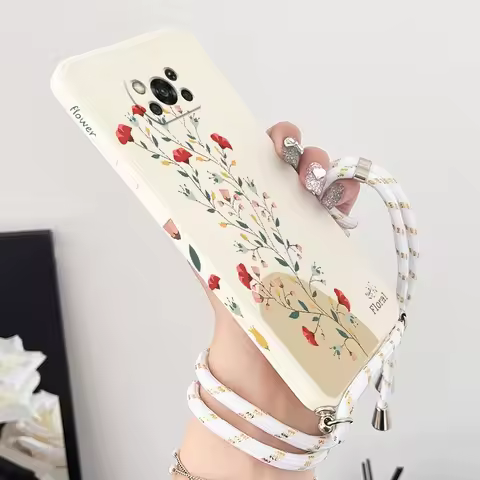 Twigs Flower Willow Crossbody Lanyard Silicone Phone Case For Xiaomi Poco M5 M4 Pro F4 X4 GT F4 GT X4 F3 X3 M3 X3 Pro C40 Cover