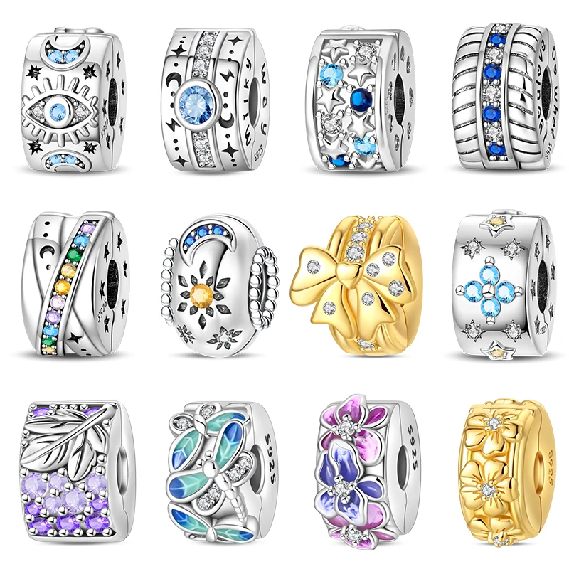 

Fashion 925 Silver Color Colorful Zircon Stars Moon Golden Separator Charms Beads Fit 3mm Original Bracelet Fine DIY Jewelry