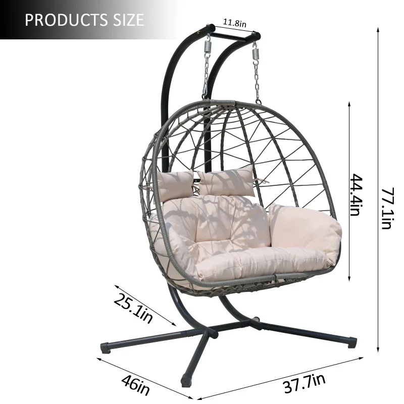 2-Person Hanging Egg Swing Chair with Stand, Wicker Outdoor Chair w/ Cushions