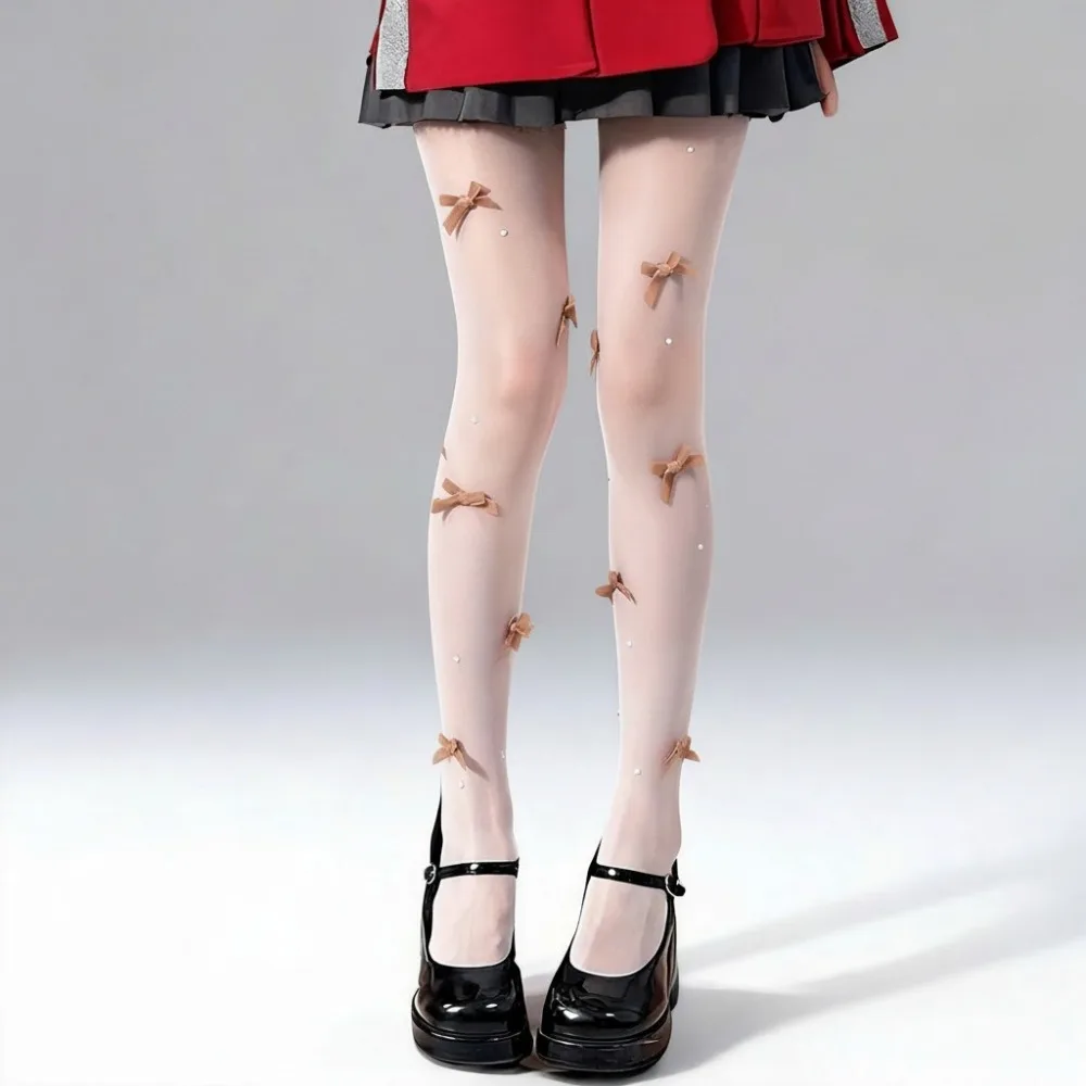 Sweet Butterfly Knot Pearl Stockings Pearl Embroidery Velvet Bow Pantyhose Breathable Fabric Leg Shaping Tights Women's Wear
