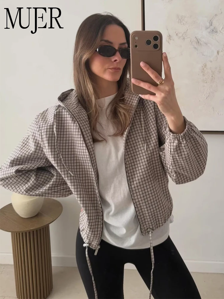 MUJER Plaid Hooded Jacket Woman Autumn Zip Varsity Jackets for Women Outerwears Women's Coat Long Sleeve Women's Bomber Jacket