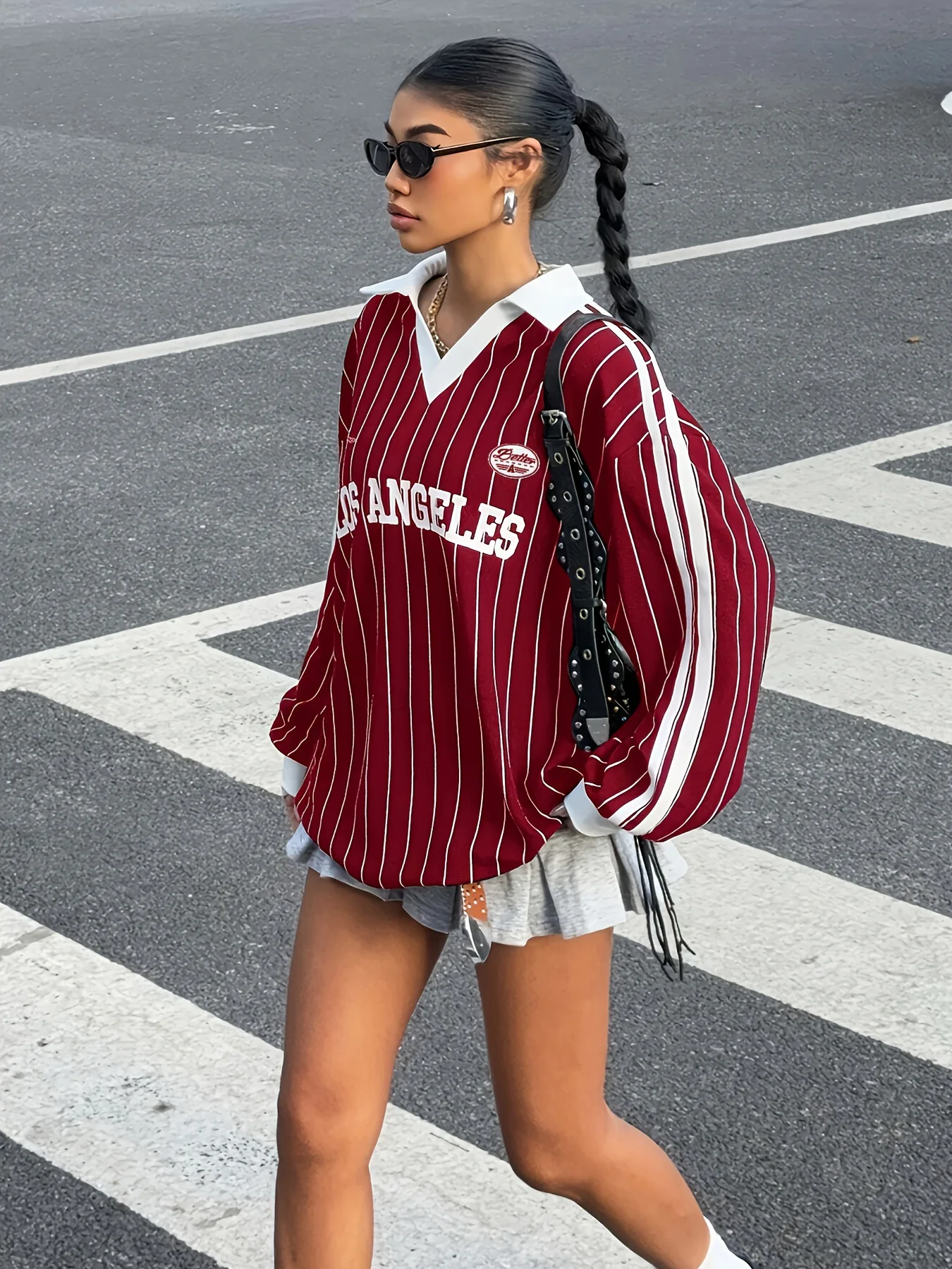 Oversized Striped Polo Long Sleeve T Shirt LOS ANGELES Letter Print Women Casual Loose Football Jersey Top