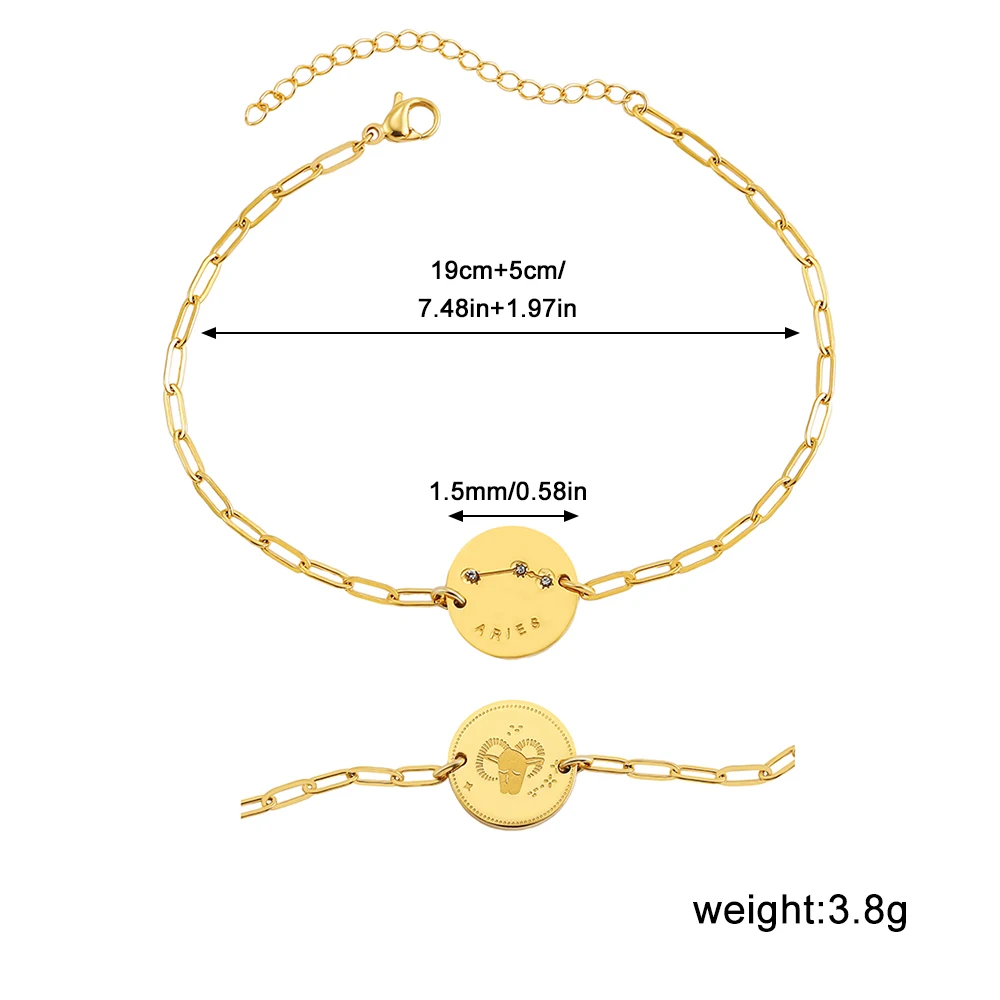 Vintage Stainless Steel Round Coin Zodiac Sign Charm Bracelet for Women CZ Zircon 12 Constellations Chain Bracelets Jewelry