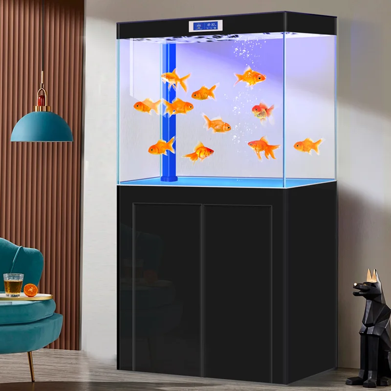 Ultra-white glass smart square fish tank, large household bottom filter in the living room, aquarium against the wall