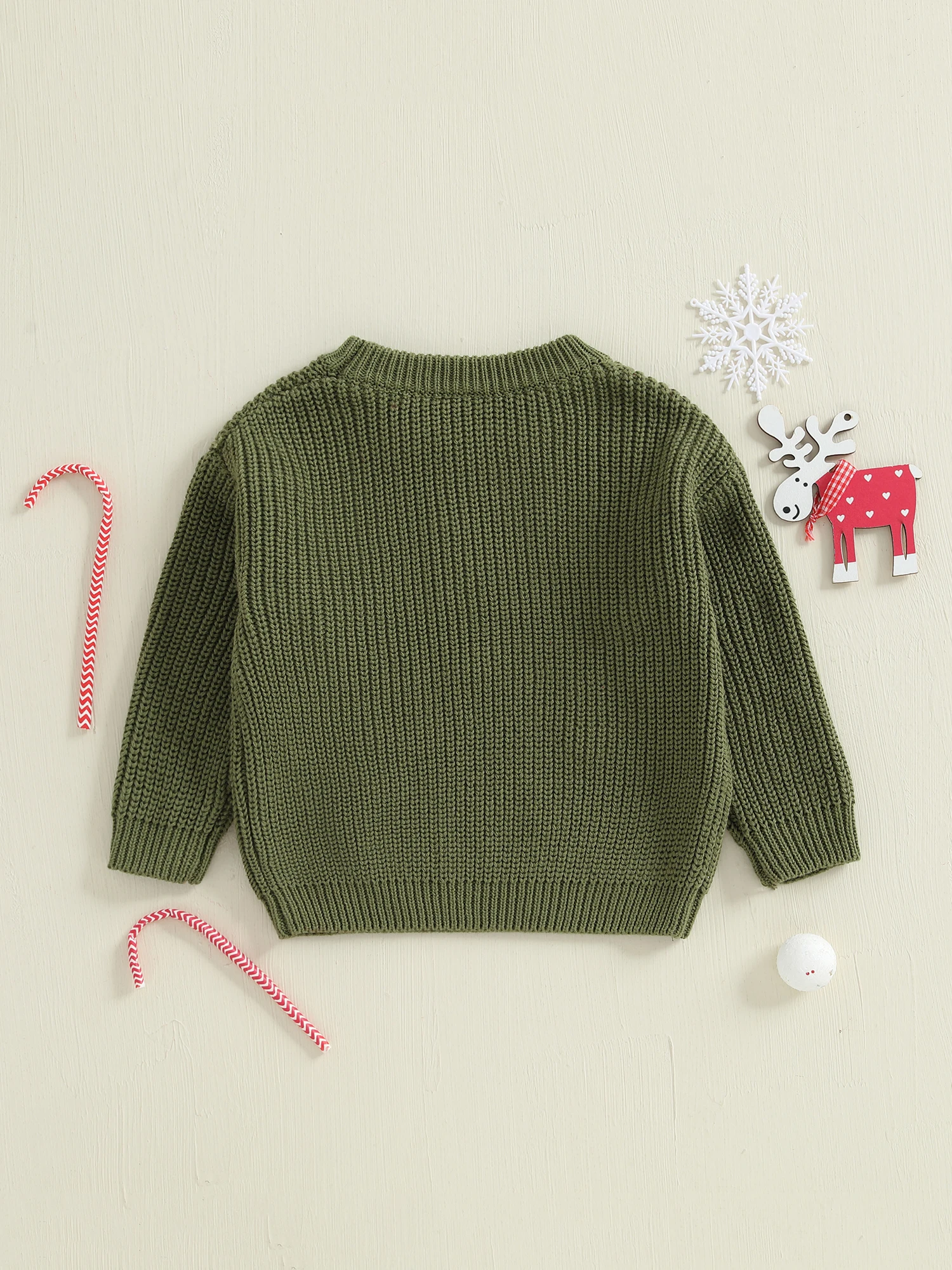 FOCUSNORM 0–5 Jahre Weihnachtspullover für kleine Kinder, Jungen und Mädchen, 4-farbige Schleife, Weihnachtsbaum-Stickerei, langärmelig, Rundhalsausschnitt, Strickpullover – Detail 5