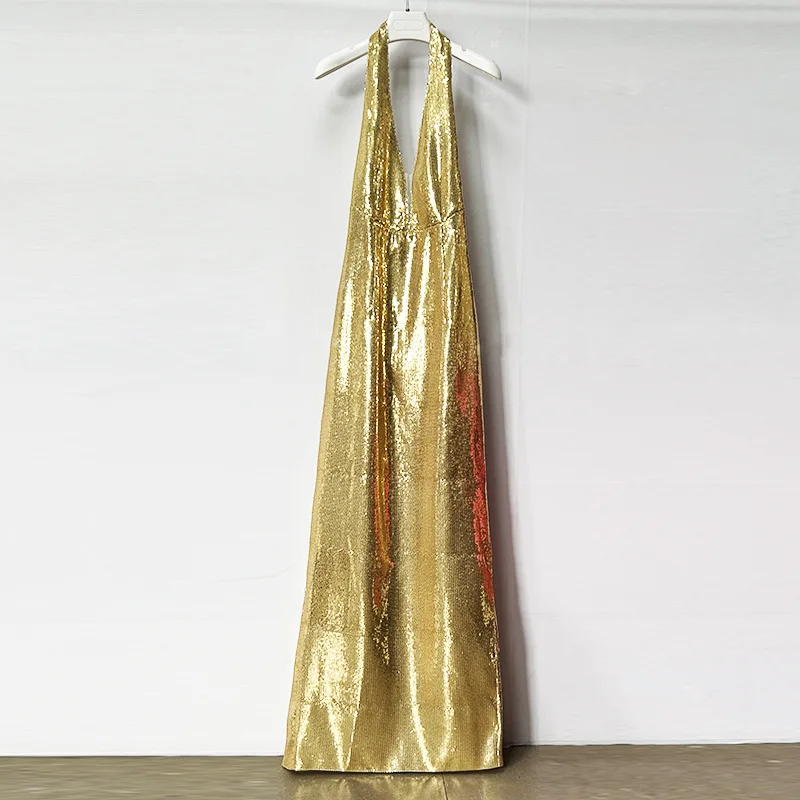 Shiny Gold Sequins Prom Dress Sexy Backless Sleeveless Long Party Gown Casual Hot Girl Formal Wedding Guest Birthday Robe