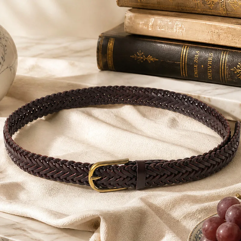 New Hand Woven Genuine Leather Belt for Woman,Top Layer Cowhide Retro Needle Buckle Braided Light Luxury Women's Belt