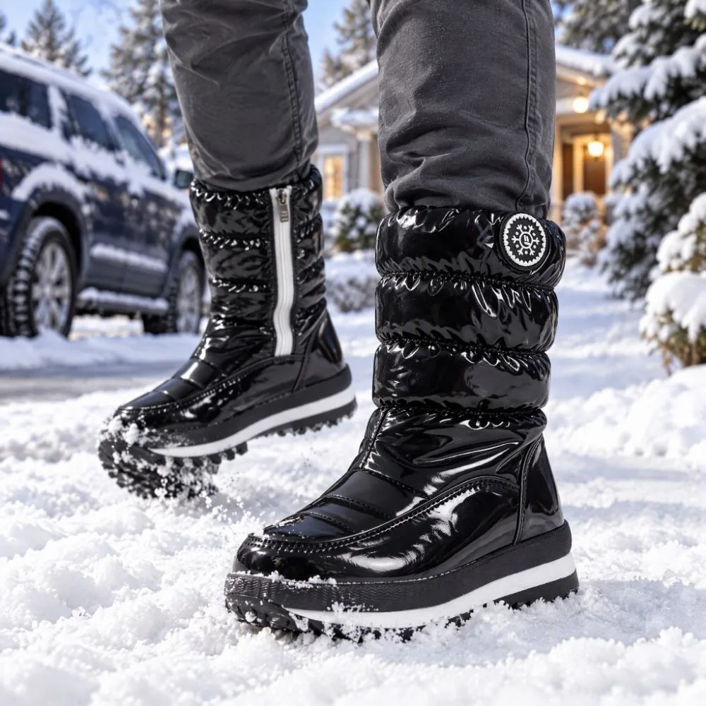 Cotton Shoes Glossy Snow Boots Waterproof Windproof Platform Boots Antislip Fuzzy Interior Lining Mid-Calf Snow Boots Women