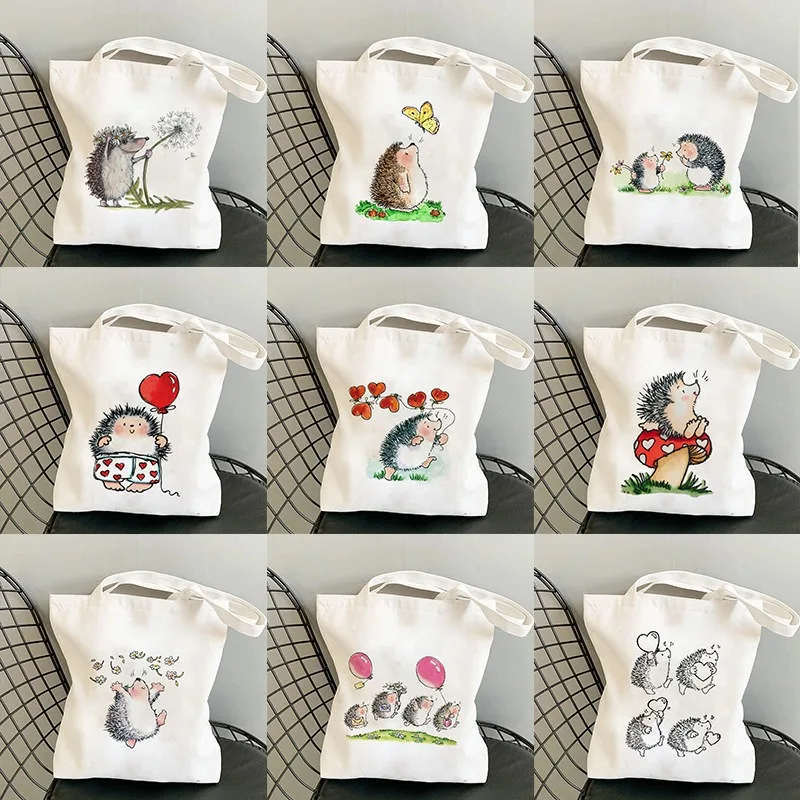

Cute Hedgehog Pattern Canvas Tote Bag With Adorable Heart Mushroom Balloon DesignsStylish Versatile Shoulder Bag For Daily Use