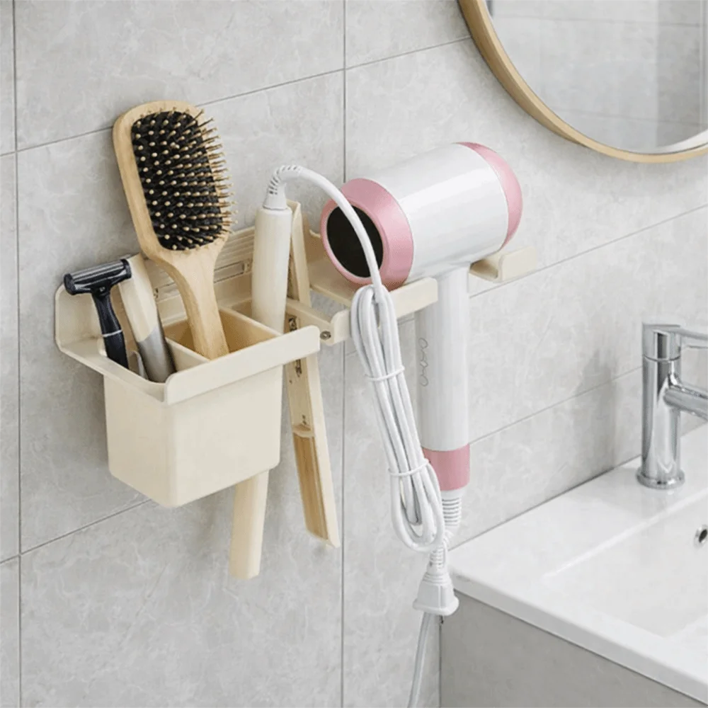 

Carbon Steel Hair Dryer Holder Wall Mounted Waterproof Straightener Storage Rack Space Saving Curling Iron Shelf Hairbrush