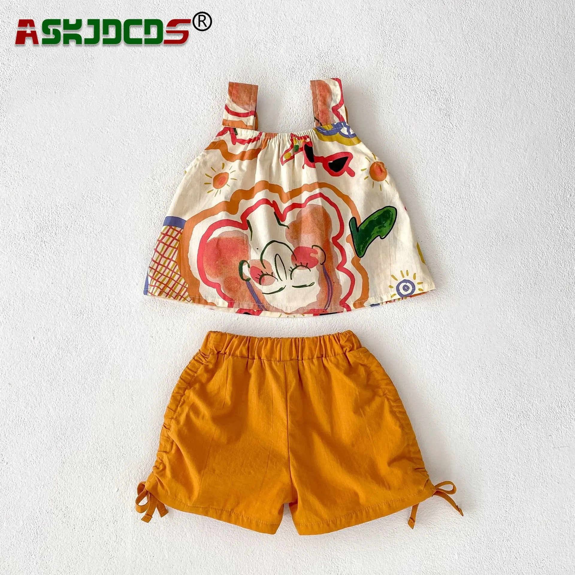 

Newborn Baby Girls Set 2pcs Toddler Children 아동복 0-3Y Sling Graffiti Vest+solid Color Lacing Shorts Infant Kids Cotton Clothing