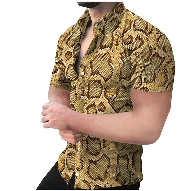 Camisa hawaiana con estampado 3D de piel de serpiente para hombre, blusa informal de manga corta con solapa, ropa de playa y vacaciones, patrón de