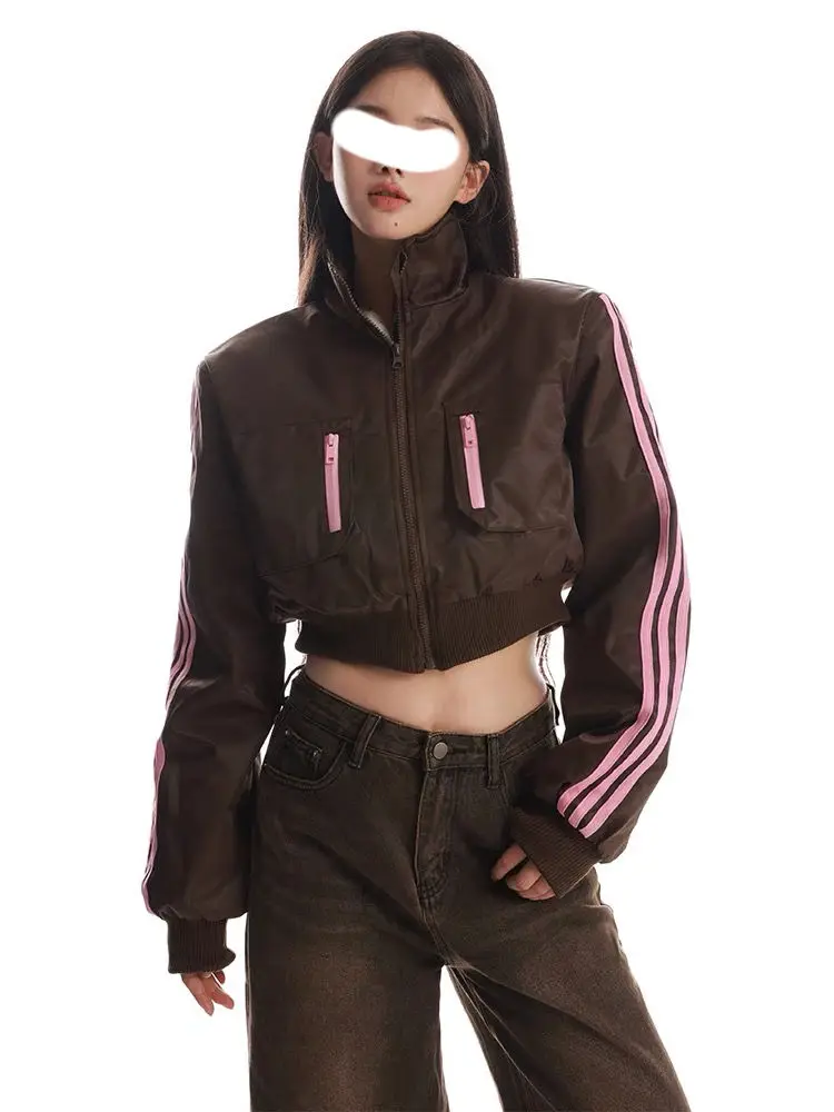 

Thickened Velvet Fashionable Pink And Brown Contrasting Ribbon Splicing Short Hot Girl Top Jacket Slimming Short Top