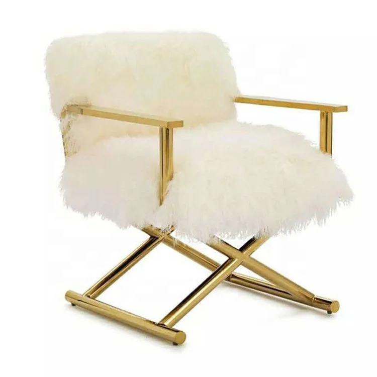 

Luxury White Mongolian Fur Chair Gold Brush Cross Leg Design Restaurant Outdoor Bedroom Hotel Park Living Room Apartment Use