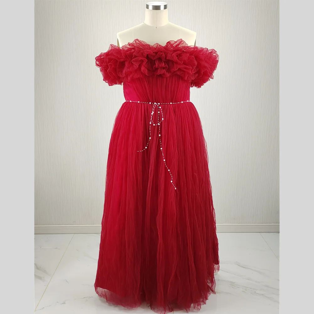 Feelingarden Foto reale Abito da sera personalizzato taglie forti Vino rosso Tulle con spalle scoperte Abiti da festa da donna a trapezio lunghi fino al pavimento