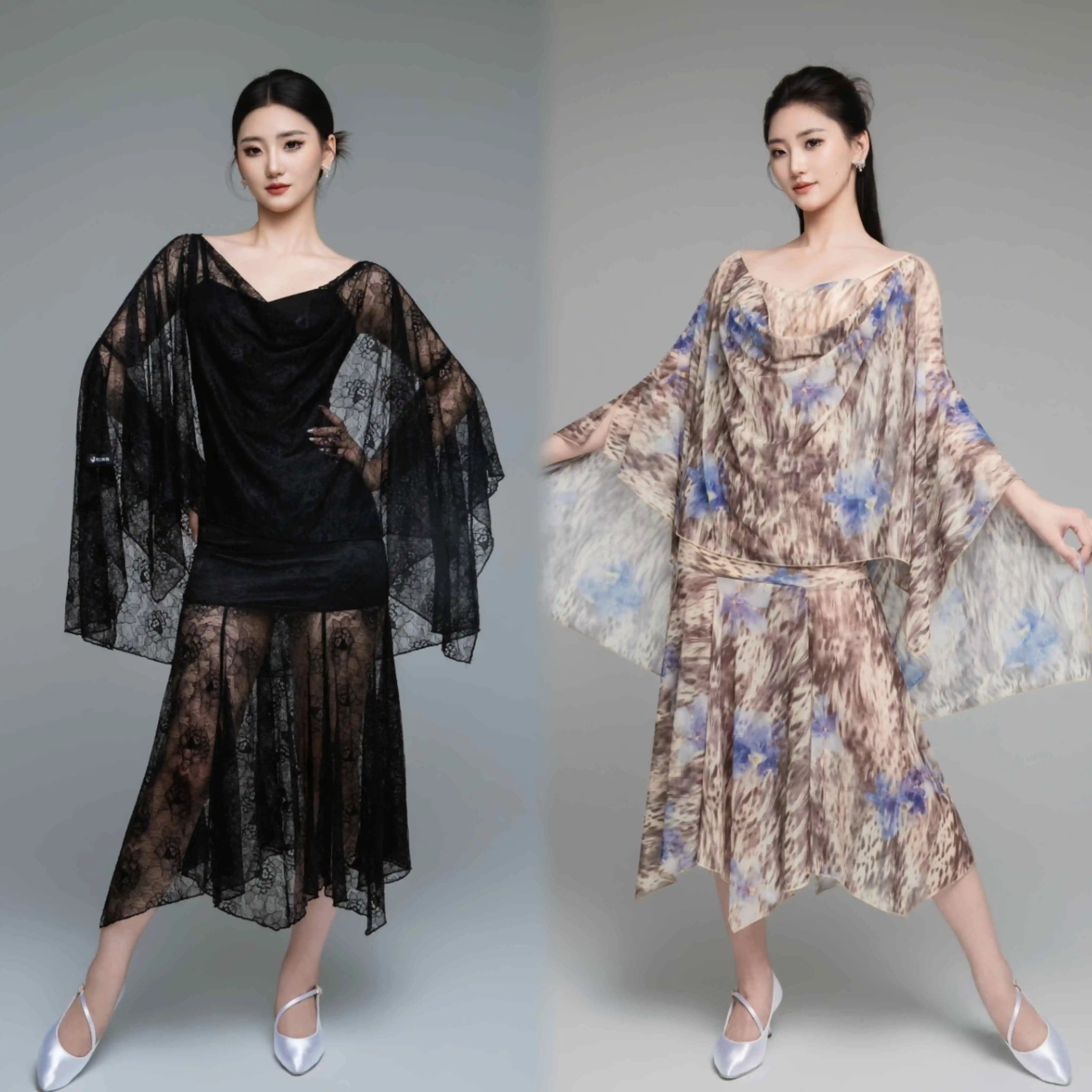 Costume de spectacle de danse de salle de bal pour femmes, vêtements de danse de valse, dos nu, hauts en dentelle irrégulière, jupe, robe de compétition, 2025 DNV24704