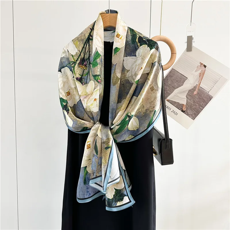 

100% Pure Mulberry Silk Scarf Luxury Designer Print 170*53cm for Office Travel Beach Vacation Shawl Wrap Scarves Pashmina Poncho