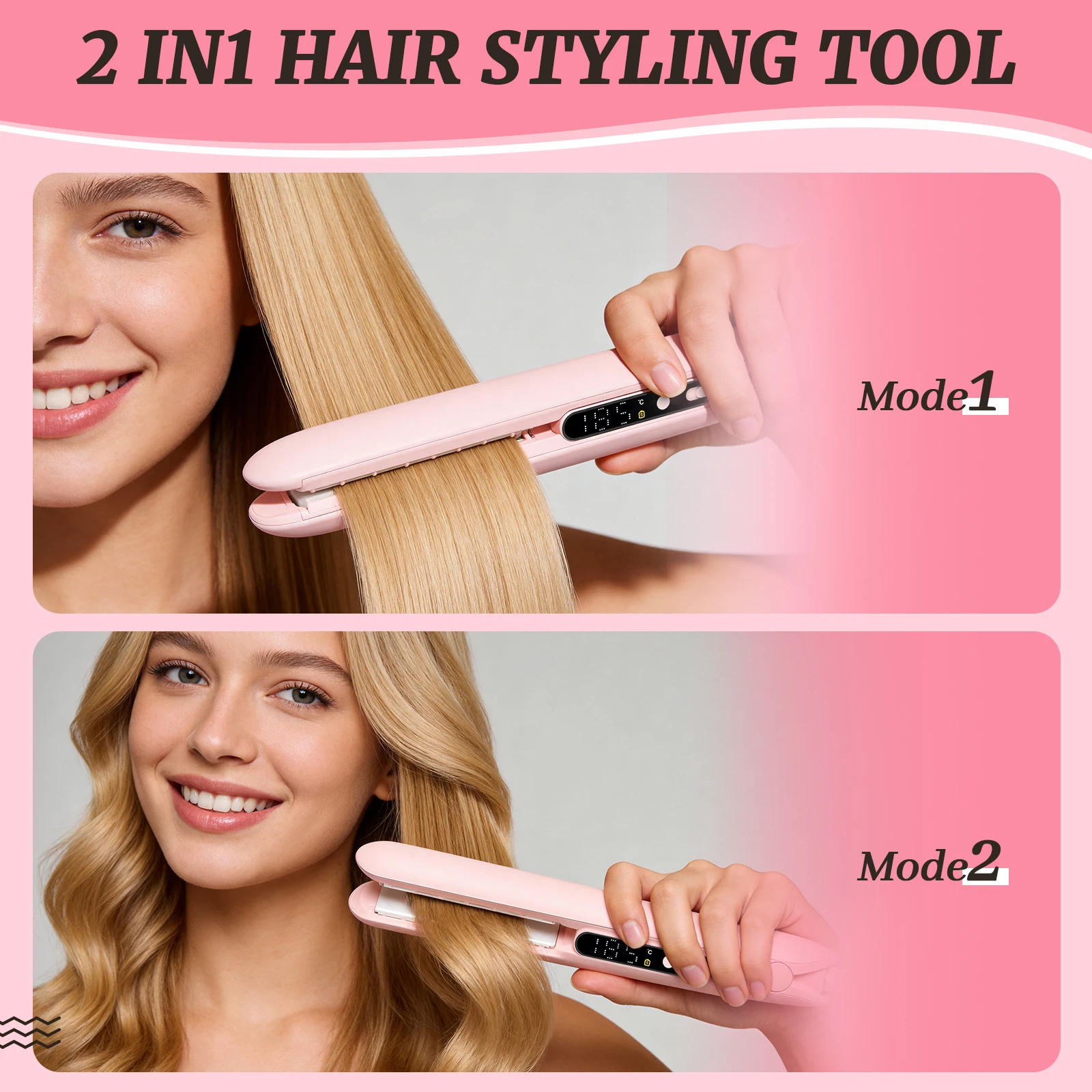 Rechargeable Hair Straightener Portable for Travel S11 Wireless Flat Iron 3-Level Temp Control Cordless Styling Tool Pink