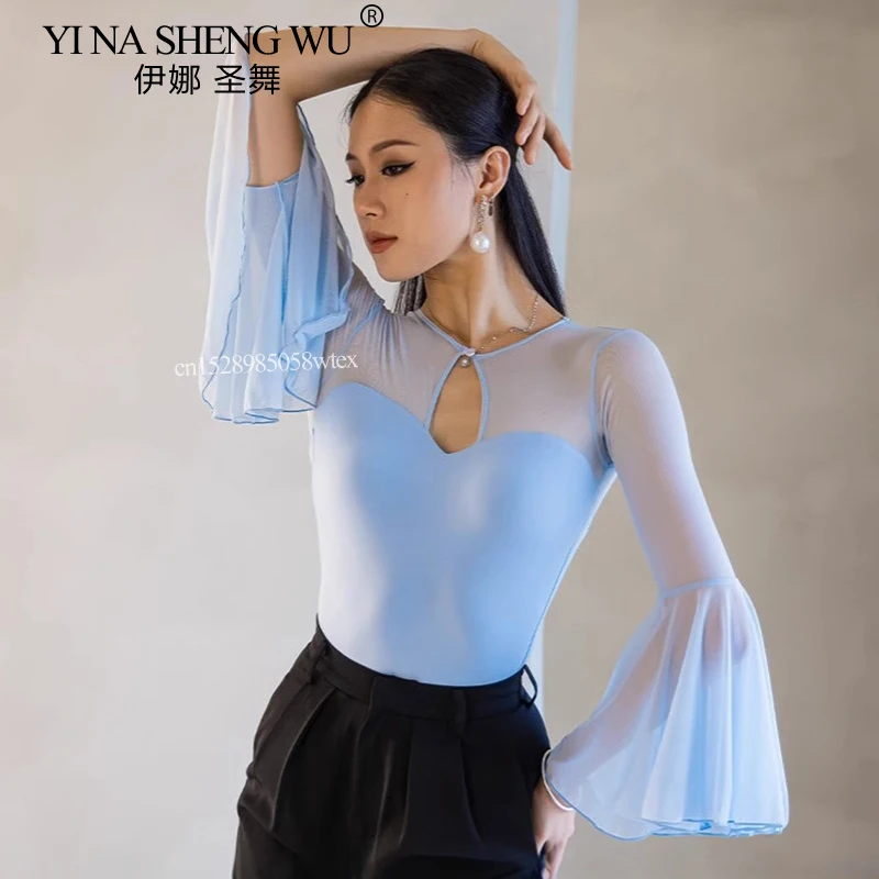여성용 라틴 댄스 탑 국가 표준 라틴 댄스 연습 대회 플레어 슬리브 점프수트 룸바 차차 공연 탑