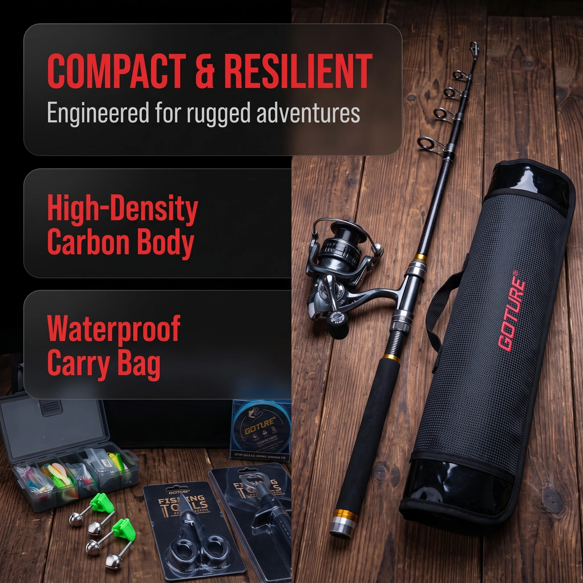 Goture Telescopic Spinning Fishing Rod Reel Combo Carbon Travel Fishing Pole Complete Tackle Set with Waterproof Carry Bag Gear