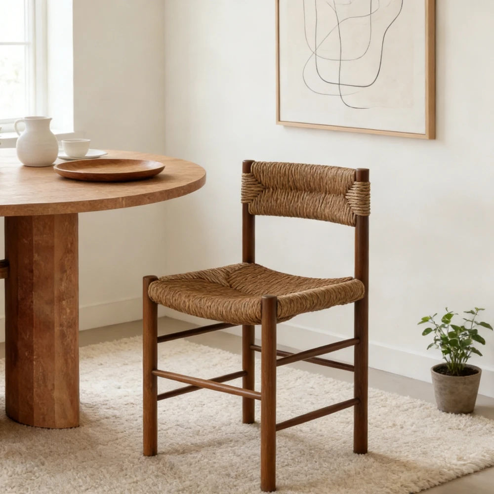 Modern Midcentury Modern Farmhouse Ergonomic Backrest Ash Wood Durable Dining Chairs Cooling Handwoven PE Rattan Hotel Home